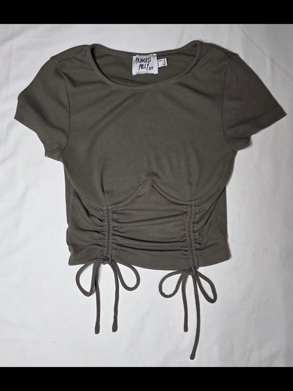 Princess Polly Olive Ruched Drawstring Crop Tee Size 2